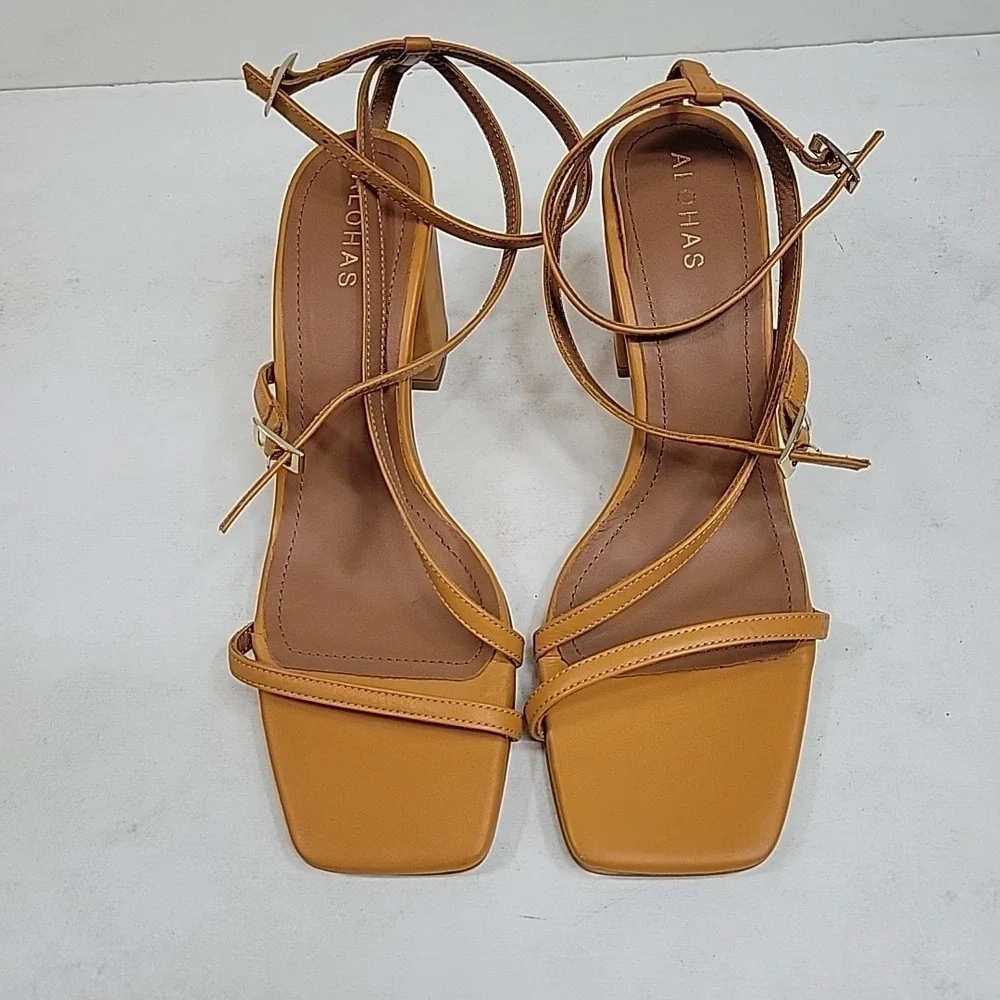 Alohas Women's Mustard Yellow Strappy Block Heel Sandals Sz 8.5 Spain